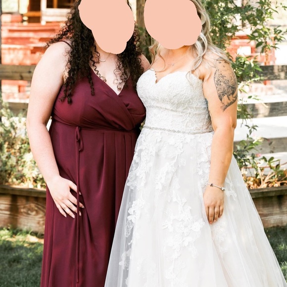 David’s Bridal Wine Double Strap Long Georgette Wrap Bridesmaids Dress - Picture 10 of 12